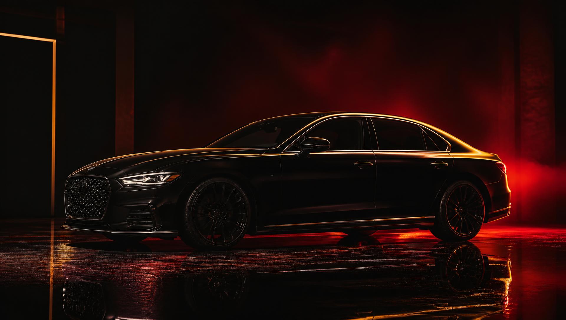 Black luxury sedan lit by gold light in a dark studio